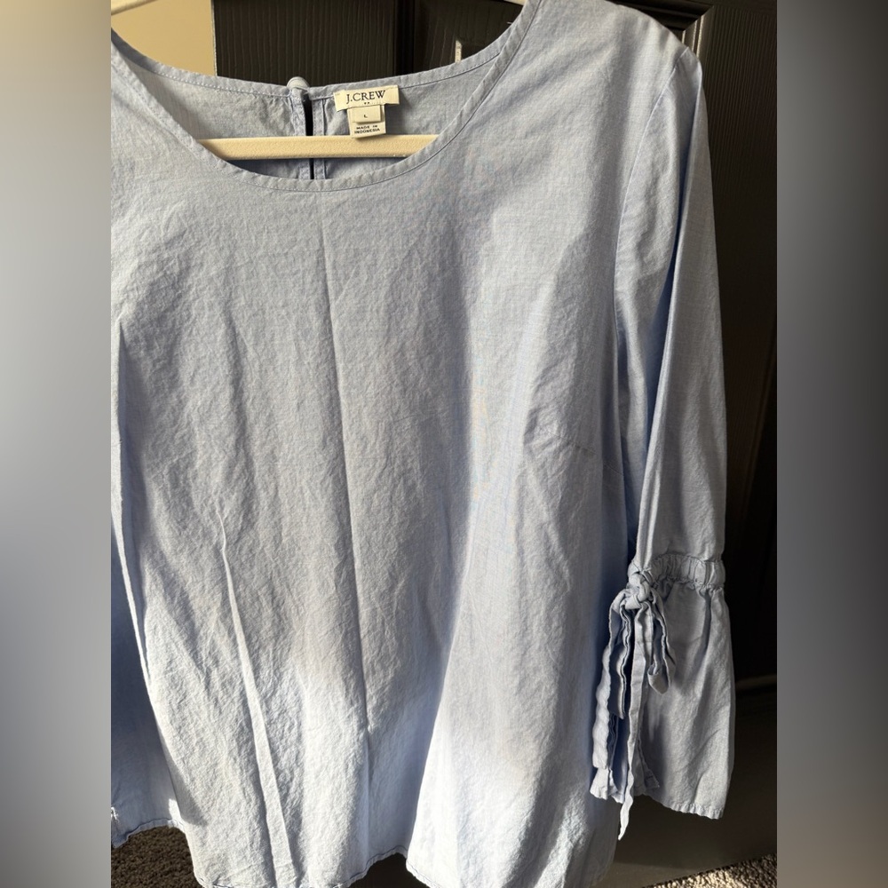 J.Crew Chambray Bell Sleeve Tie Top Light Blue Cotton Blouse Boho Preppy Size L - Picture 6 of 10